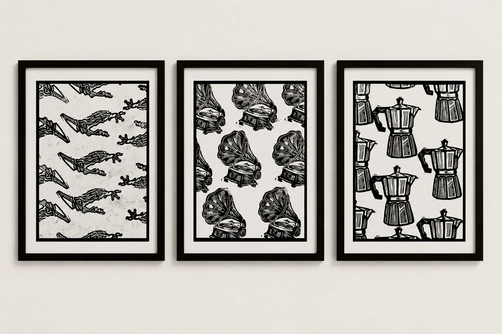 Claws, Gramophones and Moka — three A5 linocuts, framed and hung together, Bern