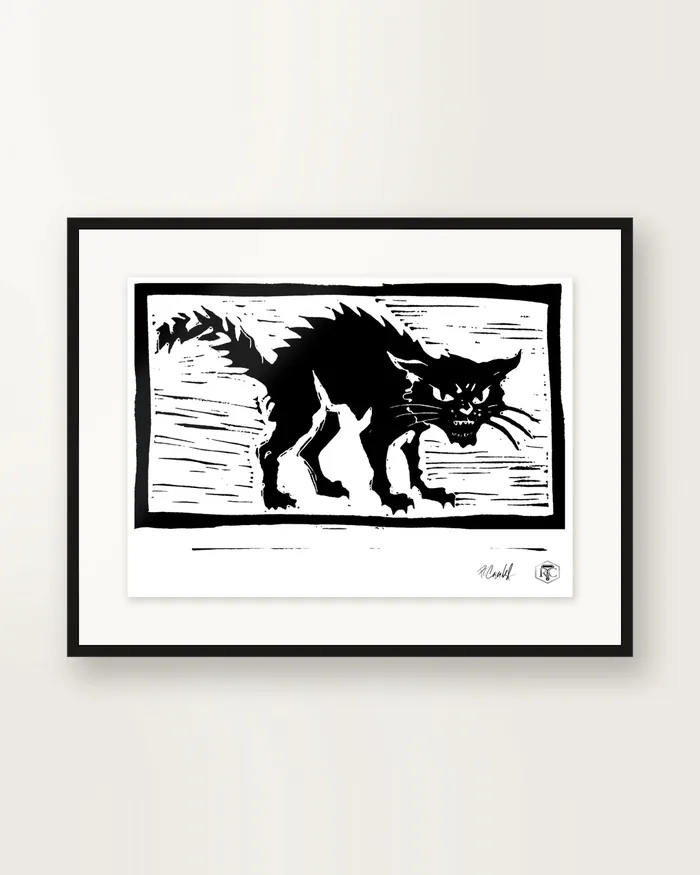 Cat — linocut print by Richard Cervenka, Bern, 11.5 × 16 cm
