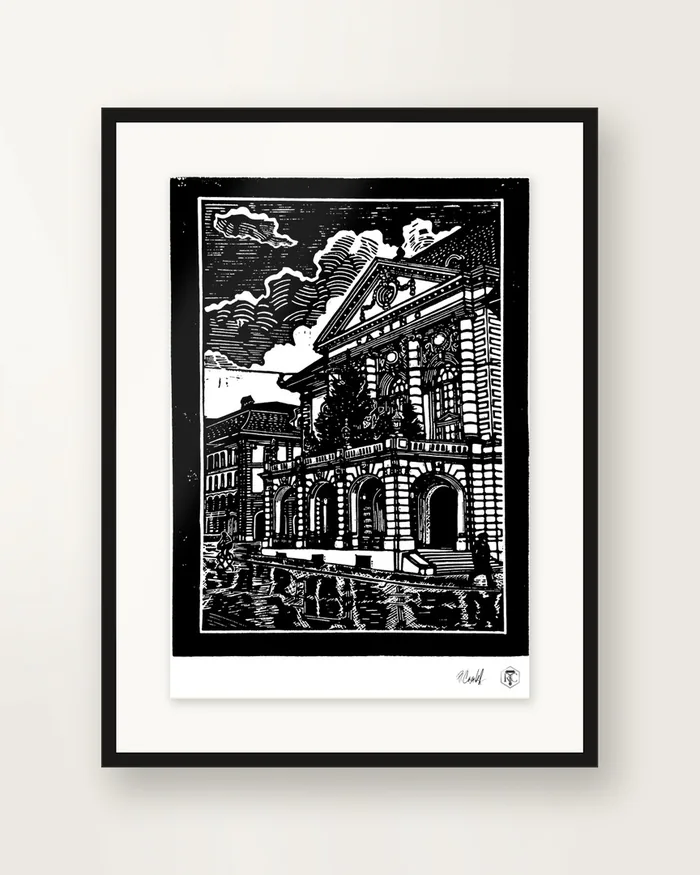 Casino Bern — linocut print by Richard Cervenka, Bern, A4, framed