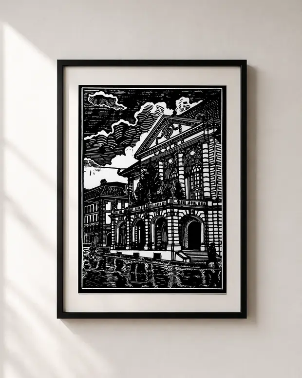 Casino Bern — linocut print by Richard Cervenka, Bern, A4, framed