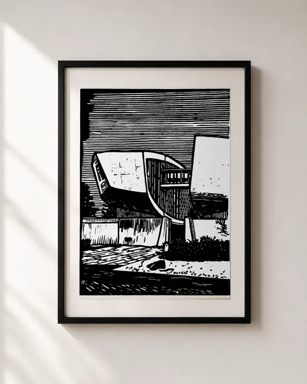 Concrete — linocut print by Richard Cervenka, Bern, A4, framed