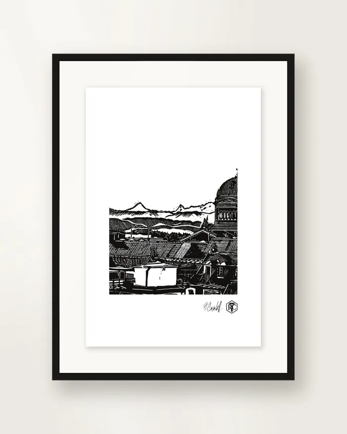 Above Bern — linocut print by Richard Cervenka, Bern, A4, framed