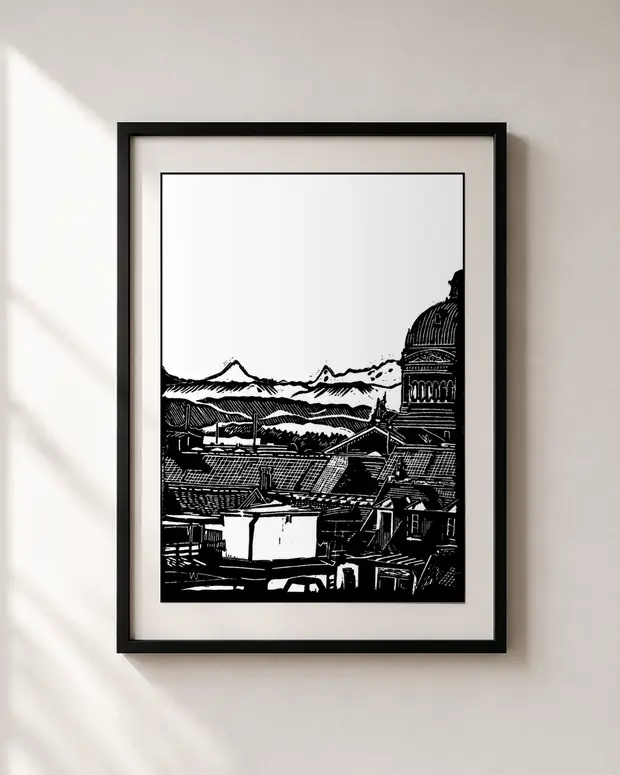 The Domes — linocut print by Richard Cervenka, Bern, A4, framed