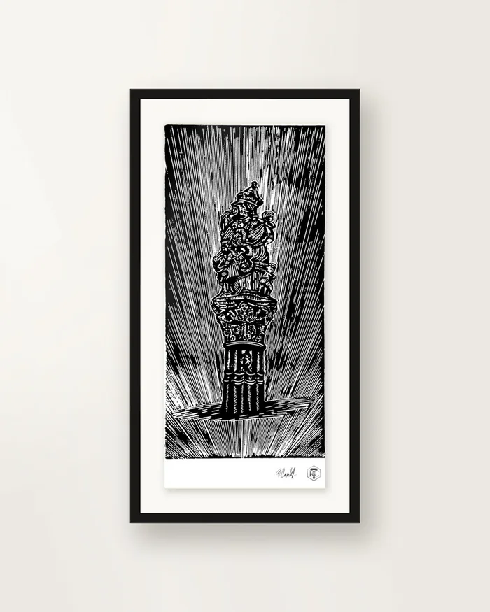 The Fountain, Bern — linocut print by Richard Cervenka, Bern, A4, framed