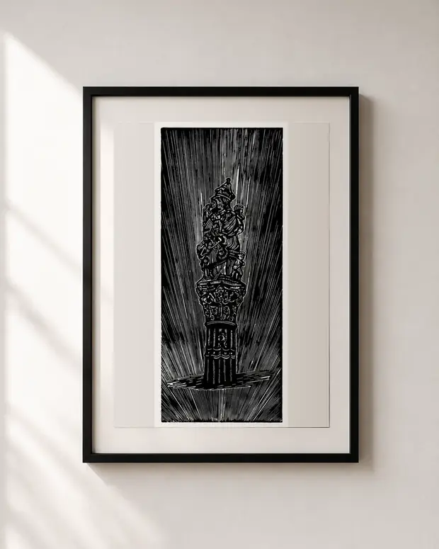 The Fountain, Bern — linocut print by Richard Cervenka, Bern, A4, framed