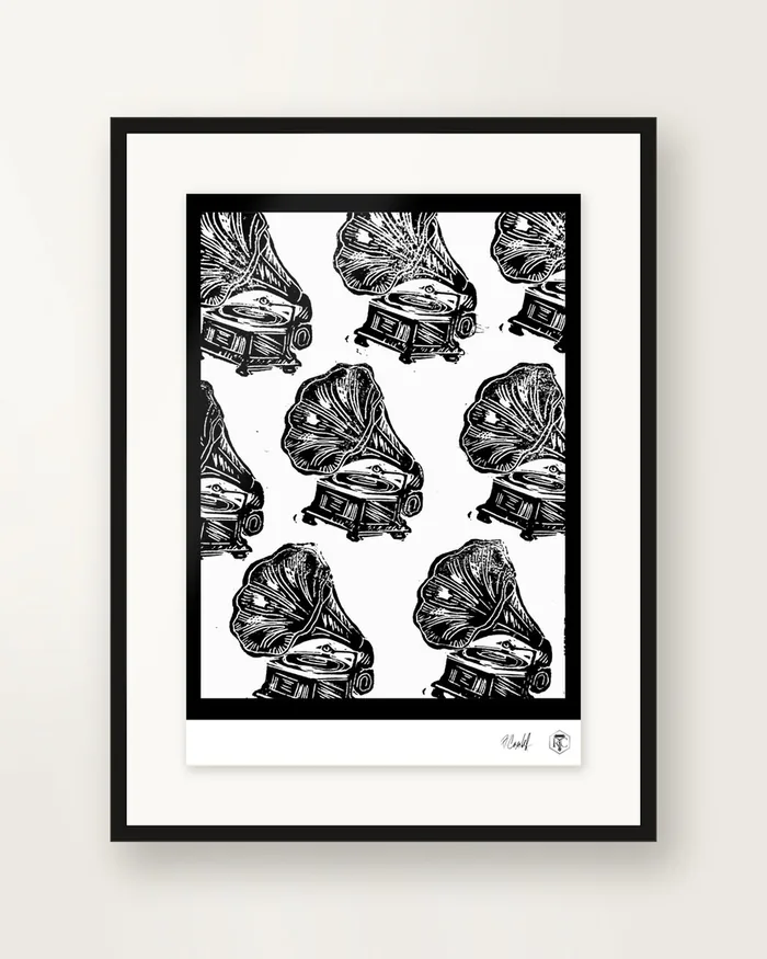 Gramophones — linocut print by Richard Cervenka, Bern, 11.5 × 16 cm, framed