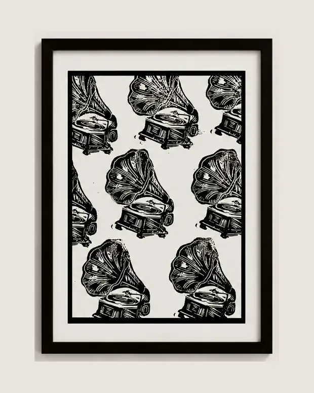 Gramophones — linocut print by Richard Cervenka, Bern, A5, framed