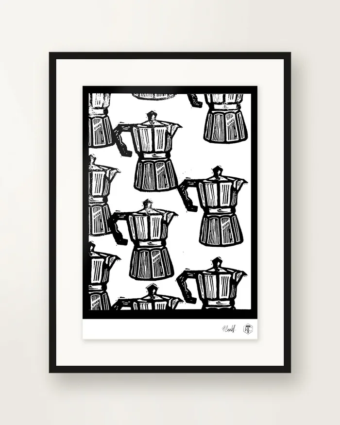 Moka — linocut print by Richard Cervenka, Bern, 11.5 × 16 cm, framed