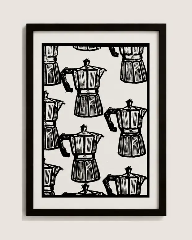 Moka — linocut print by Richard Cervenka, Bern, A5, framed