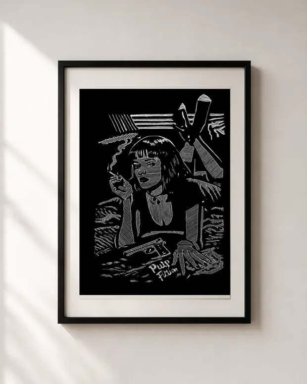 Pulp Fiction — linocut print by Richard Cervenka, Bern, A4, framed
