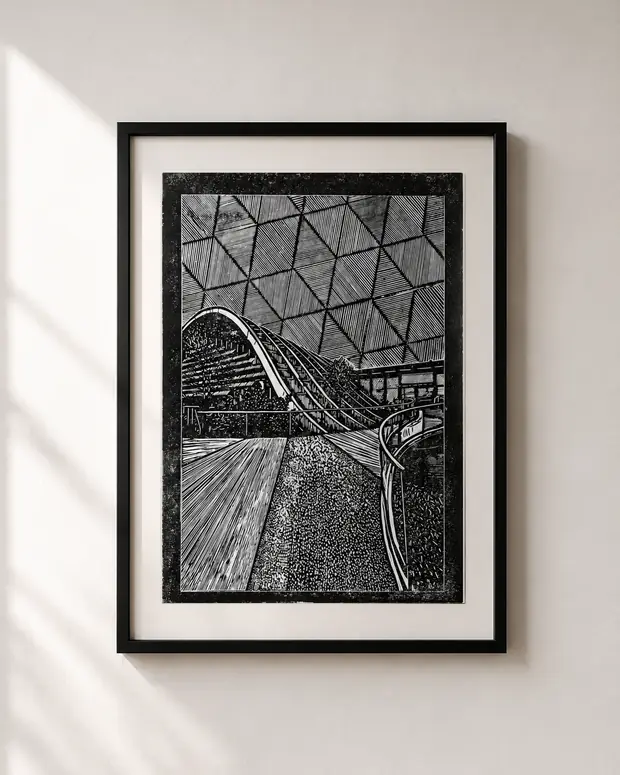 Steel Waves — linocut print by Richard Cervenka, Bern, A3, framed