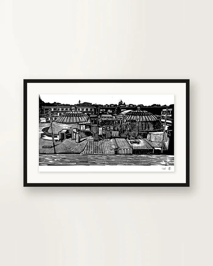 The Domes — linocut print by Richard Cervenka, Bern, A4, framed