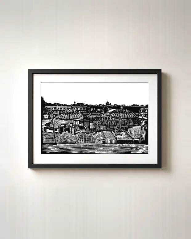 Above Bern — linocut print by Richard Cervenka, Bern, A4, framed