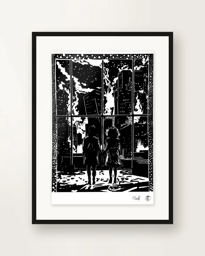 The Window — linocut print by Richard Cervenka, Bern, A4, framed