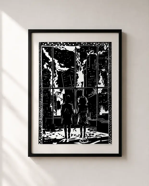 The Window — linocut print by Richard Cervenka, Bern, A4, framed