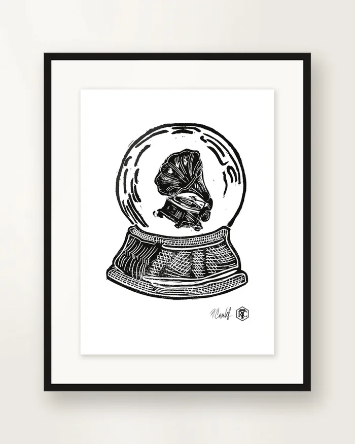Snow Globe — Gramophone — linocut print by Richard Cervenka, Bern, 11.5 × 16 cm