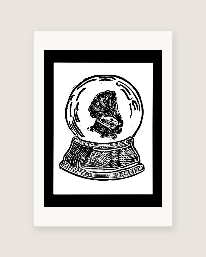 Snow Globe — Gramophone — linocut print by Richard Cervenka, Bern