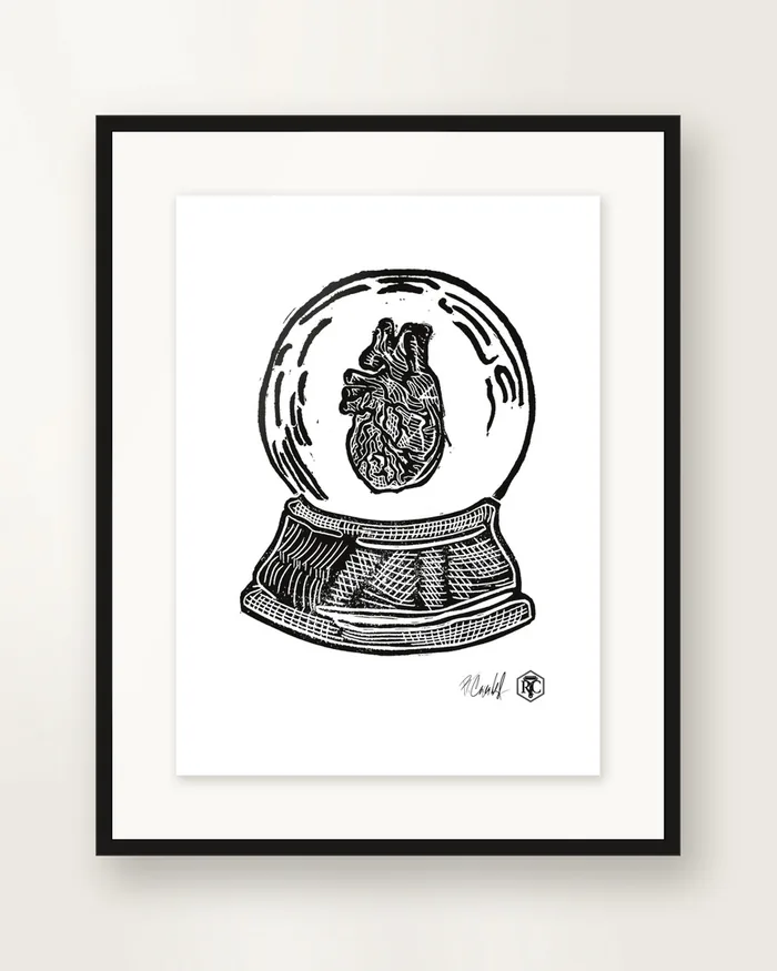 Snow Globe — Heart — linocut print by Richard Cervenka, Bern, 11.5 × 16 cm