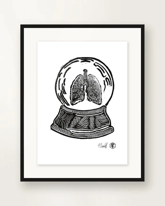 Snow Globe — Lungs — linocut print by Richard Cervenka, Bern, 11.5 × 16 cm