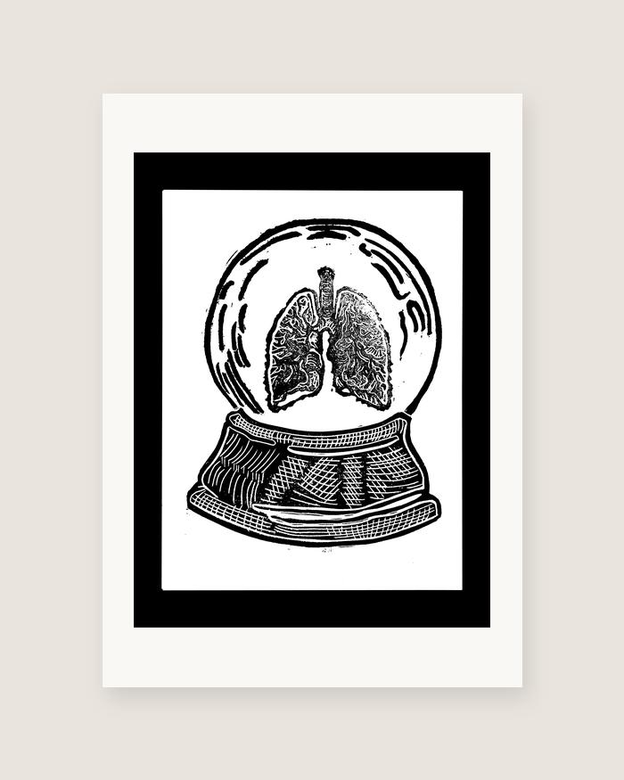 Snow Globe — Lungs — linocut print by Richard Cervenka, Bern