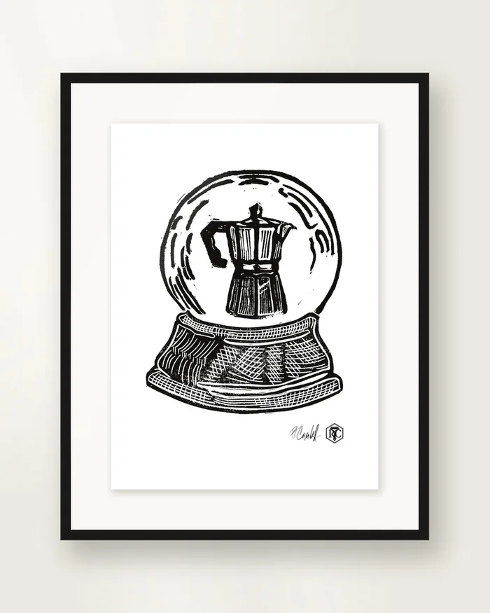 Snow Globe — Moka — linocut print by Richard Cervenka, Bern, 11.5 × 16 cm