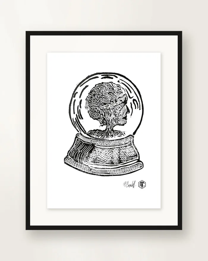 Snow Globe — Tree — linocut print by Richard Cervenka, Bern, 11.5 × 16 cm