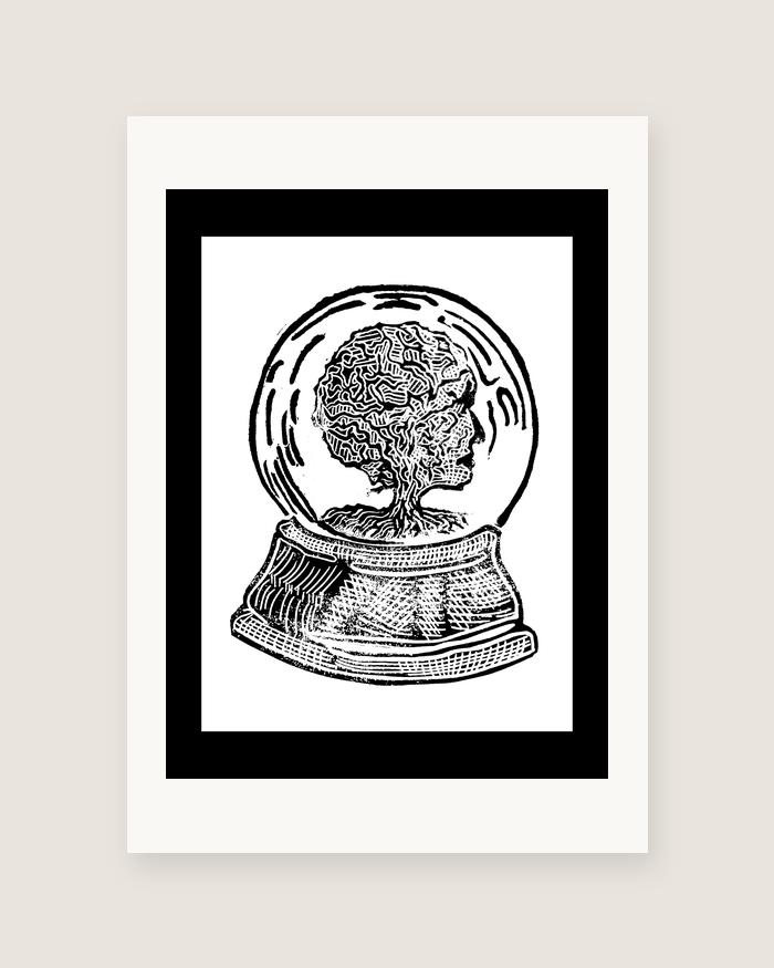 Snow Globe — Tree — linocut print by Richard Cervenka, Bern