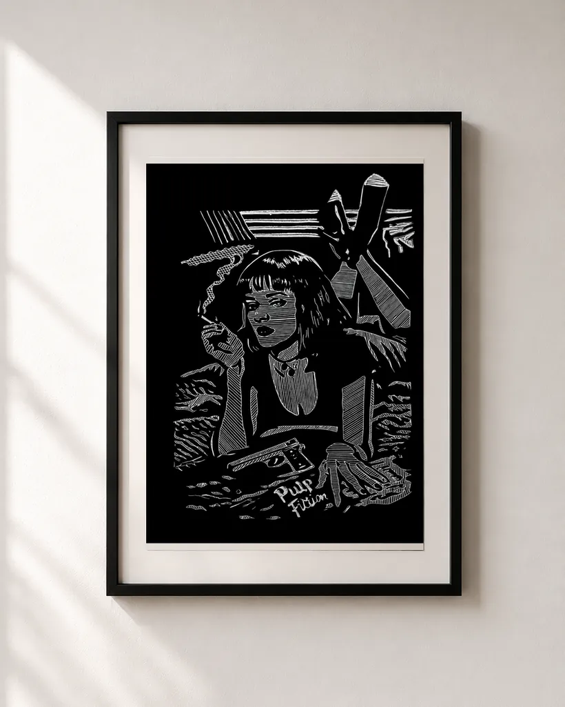Pulp Fiction — linocut print by Richard Cervenka, A4, framed and hung, Bern