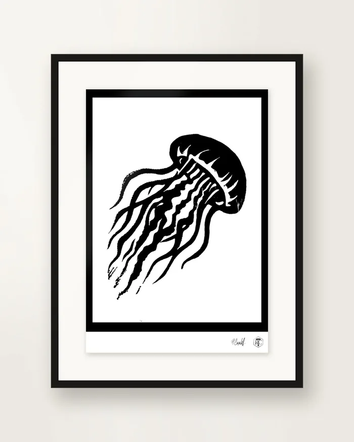 Jellyfish — linocut print by Richard Cervenka, Bern, 11.5 × 16 cm