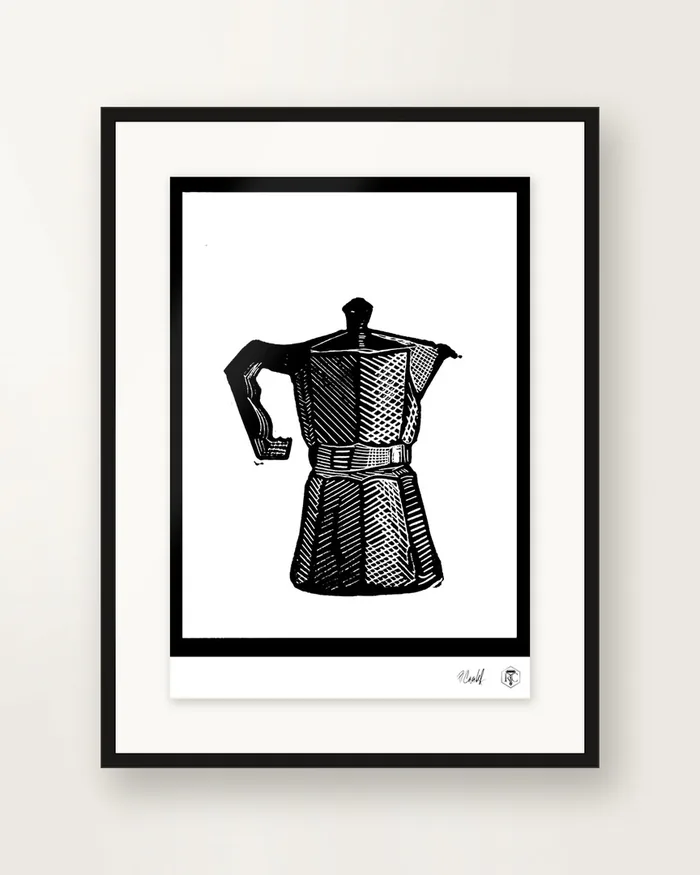 Moka Pot — linocut print by Richard Cervenka, Bern, 11.5 × 16 cm
