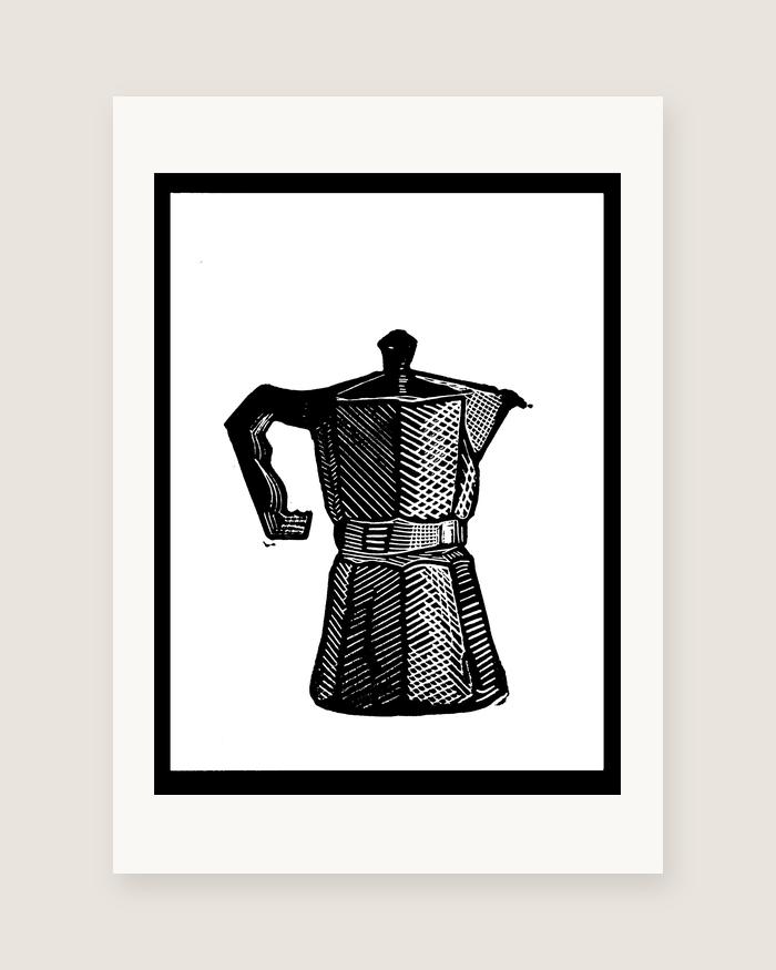 Moka Pot — linocut print by Richard Cervenka, Bern, A5