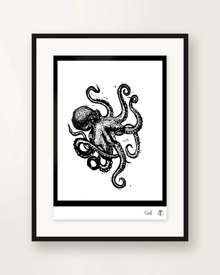 Octopus — linocut print by Richard Cervenka, Bern, 11.5 × 16 cm