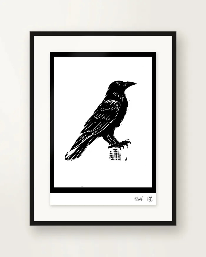 Raven — linocut print by Richard Cervenka, Bern, 11.5 × 16 cm