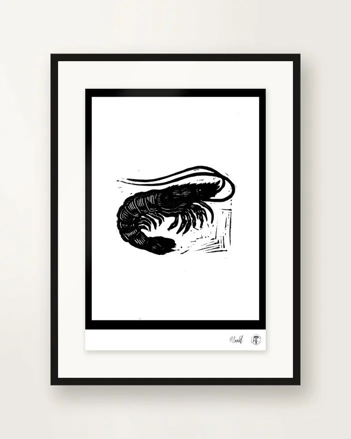 Shrimp — linocut print by Richard Cervenka, Bern, 11.5 × 16 cm